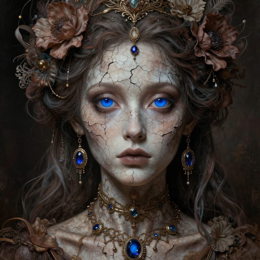 A person with cracked, detailed skin and floral hairstyle. Ornate jewelry glows under subtle light. Muted tones and deep blue eyes add melancholy, surreal vibes.