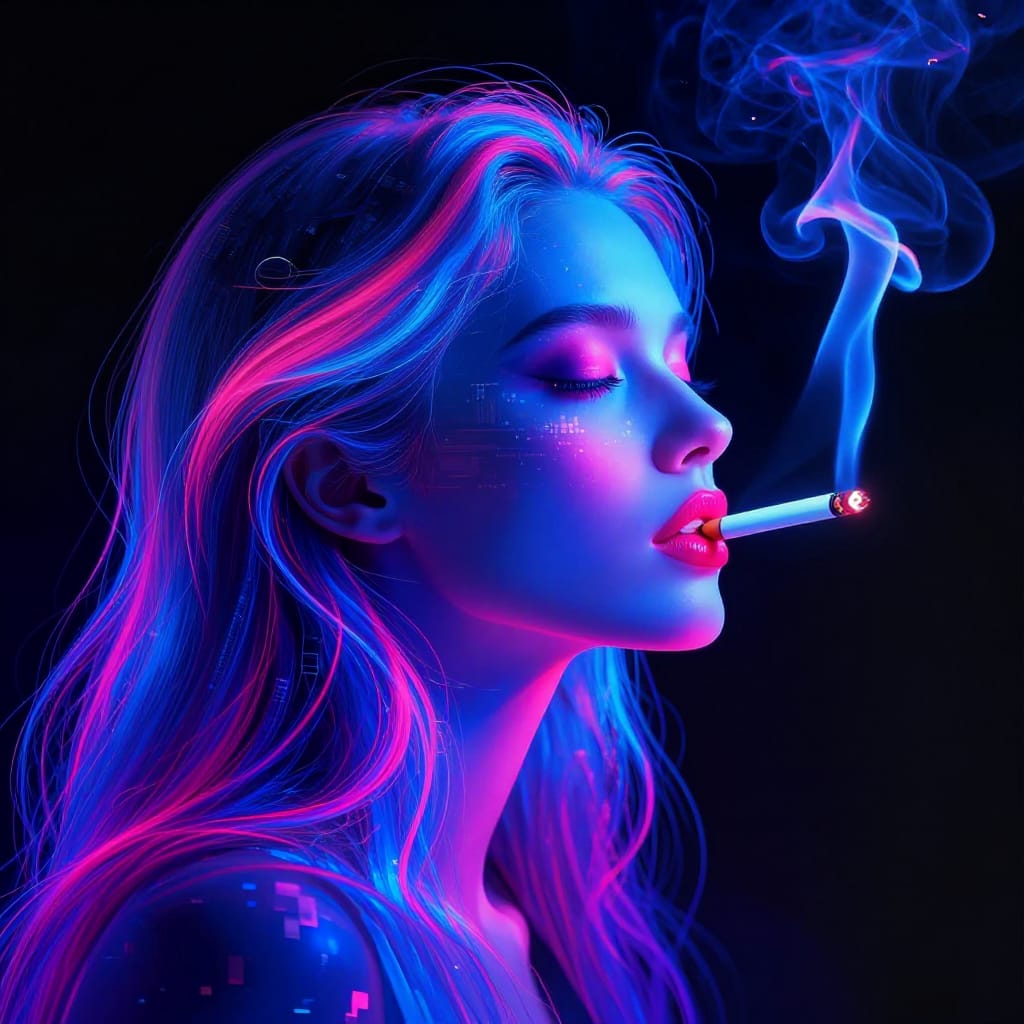 Side view of a woman smoking a cigarette in neon blue and pink. Her glowing hair and lit cigarette create a vibrant, dreamy vibe. Smoke curls like liquid neon. Dark background and digital textures add a futuristic look.
