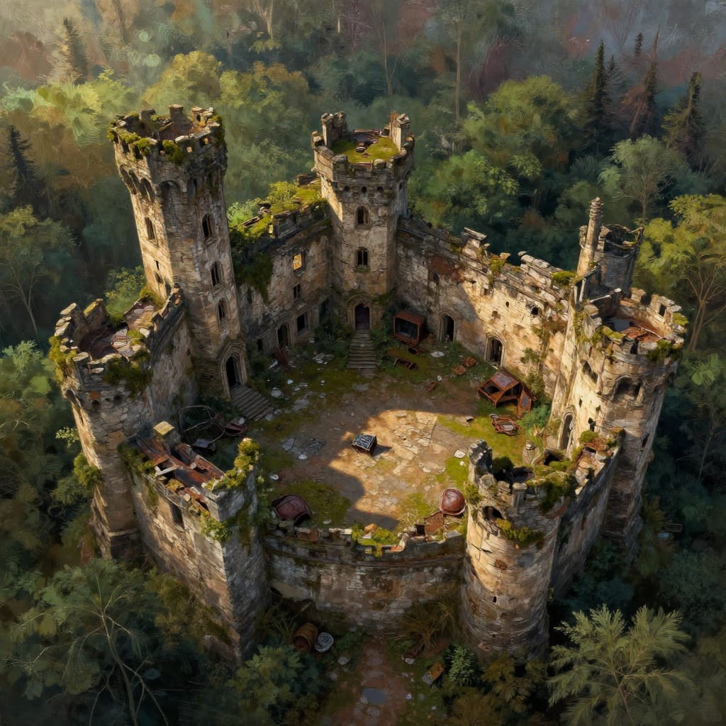 A crumbling castle sits in a forest, its walls covered in moss and cracks. Debris lies around a central courtyard, surrounded by thick trees. Warm light casts long shadows, blending earthy tones for a somber, aged feel.