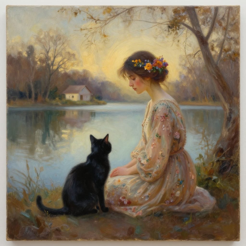 A woman in a floral dress sits by a calm lake with a black cat. Her hair has bright flowers. Trees and a small house are across the water. Soft light and muted colors create a peaceful, nostalgic mood.