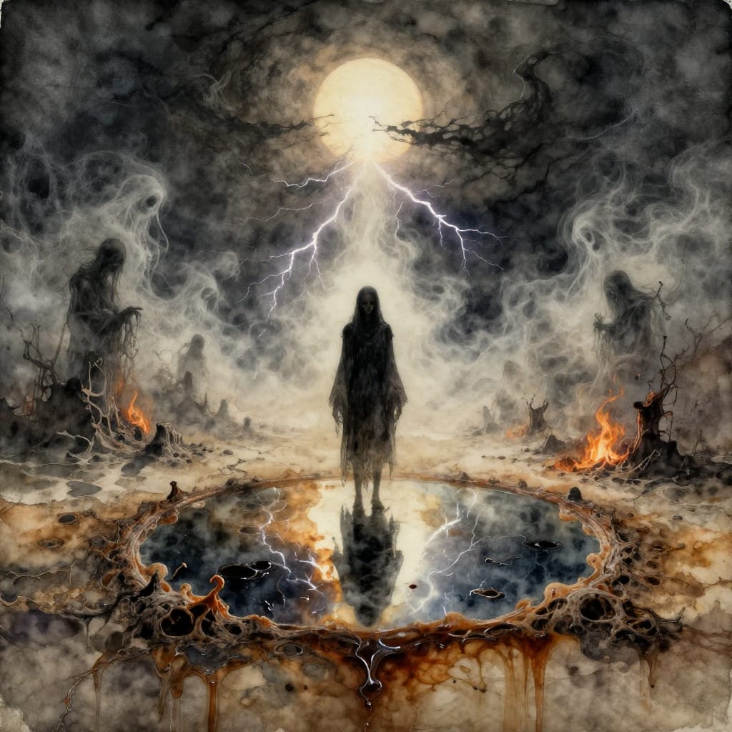 A creepy watercolor on old paper shows a lonely figure with a mirror face in a salt flat. Muted grays and yellows. Mirror shows crumbling ruins and flickering fire. Ghostly figures appear from fog, vanishing like breath. Lightning flashes freeze the scene. Watercolor bleeds, adding surreal texture. Quiet horror broken by sudden light.