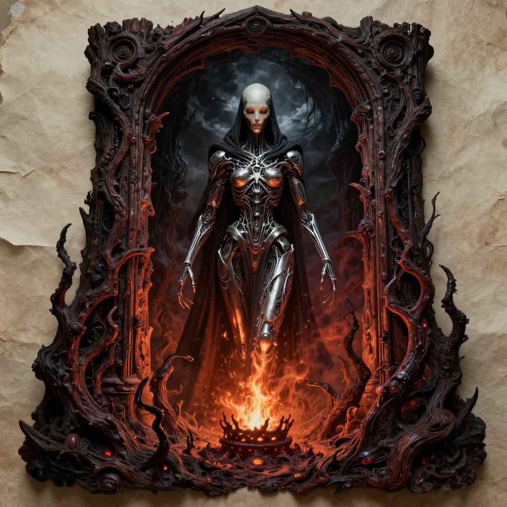 A cloaked figure stands at a tower made of petrified wood. Its body mixes decay and metal, like H.R. Giger. Glowing embers cast light on moving shadows reaching out. Amber and crimson contrast with silver and bone-white. Haunting mix of beauty and horror.