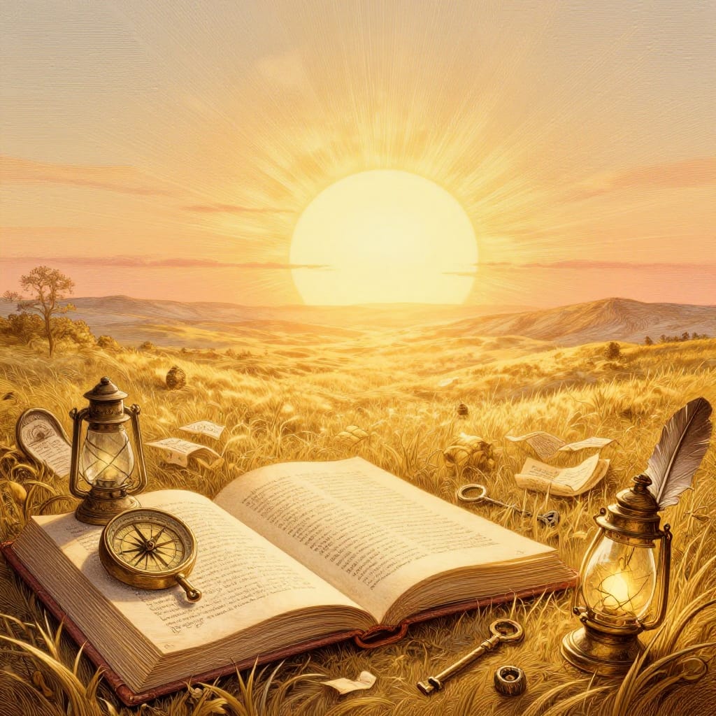 A golden landscape shines under a bright sun. An open book holds a compass, lantern, scrolls, and keys. Warm light bathes everything in amber and gold. The detailed engraving feels ancient and magical.