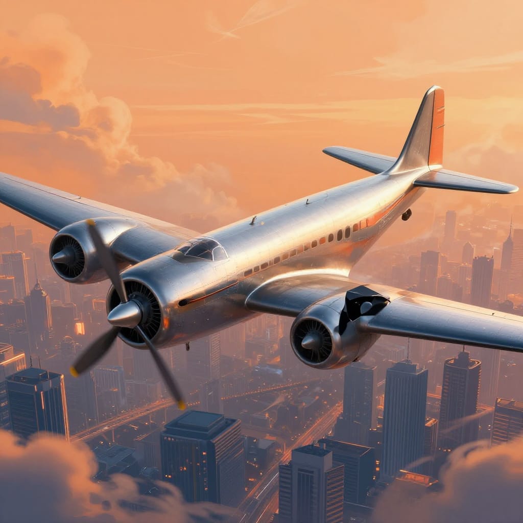 A vintage plane soars over a city with glowing buildings and bridges. Warm clouds and soft golden light highlight its shiny details. Retro meets futuristic in this smooth, detailed digital art, blending past and future in a timeless glow.