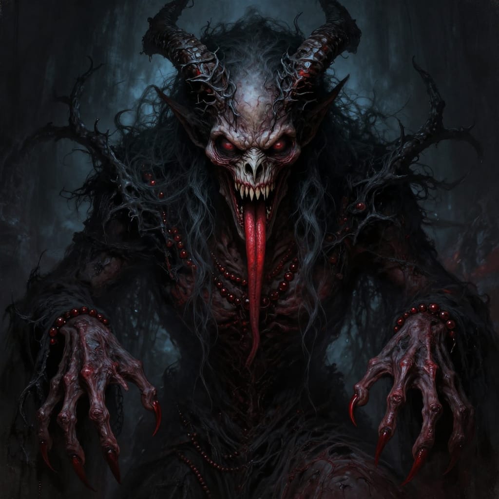 Skeletal demon with jagged teeth and red tongue. Twisted horns, tattered black cloak, glowing red eyes. Dark, moody lighting highlights sharp features. Deep blacks and red accents create eerie, unsettling vibe.
