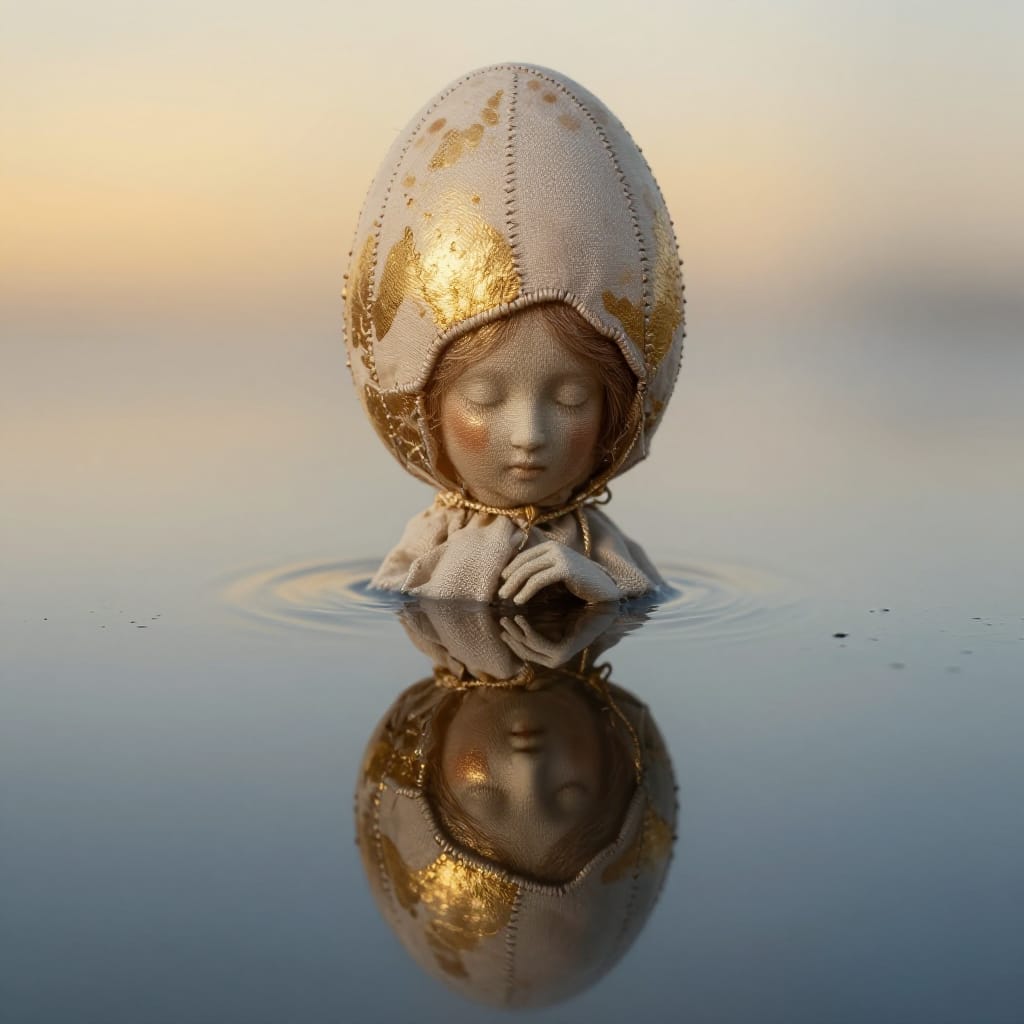 A tiny fabric figure stands on a reflective puddle, holding a golden egg. Its face shows stitching, and the water mirrors everything. Warm golds blend into cool grays. The scene feels quiet, strong, and hopeful.