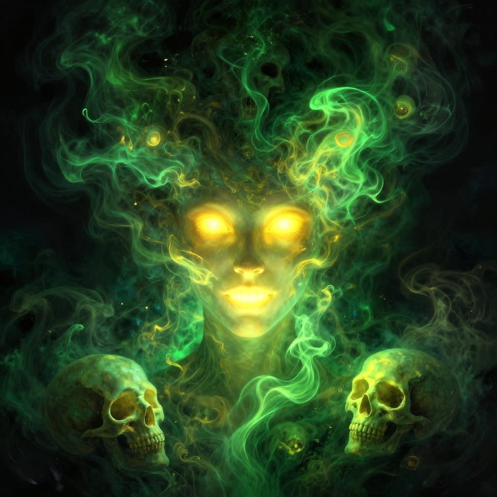 A woman with glowing yellow eyes and teeth stands in dark space. Green smoke swirls around her, forming skull shapes. Bright yellow and green colors contrast against black, creating a mysterious, eerie vibe.