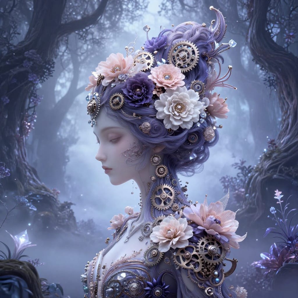 A person with floral and mechanical details stands in a misty forest. Cool blue light and soft colors create a surreal, dreamy scene blending nature and machinery.