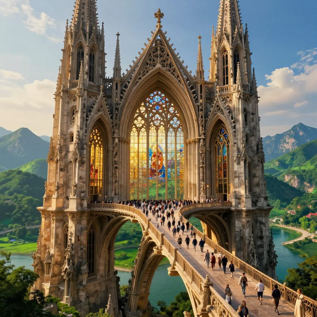 A massive ornate bridge spans between two towering gothic structures under warm golden light. The weathered stone and ironwork catch the midday sun, casting soft shadows. Below, a river flows through lush valleys, its surface reflecting greens and cool blues. People walk across the bridge, adding life to the scene. The atmosphere is awe-inspiring and serene, blending nature and architecture in harmony.