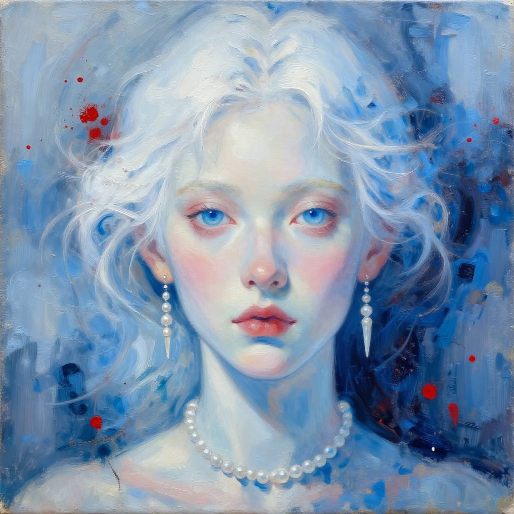 A close-up portrait of a white-haired person with blue eyes, lit by soft light. Details like pearls and icicle earrings stand out against a swirling blue background. Red splashes add contrast. Loose brushstrokes give it a dreamy, mystical feel.
