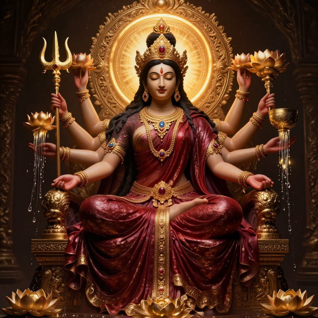 A regal multi-armed goddess sits on a gold-and-black throne, holding trident, chalice, and lotus flowers in a golden river. Her flowing silk gown and intricate jewelry gleam under dramatic light. The scene radiates sacred power and divine majesty.