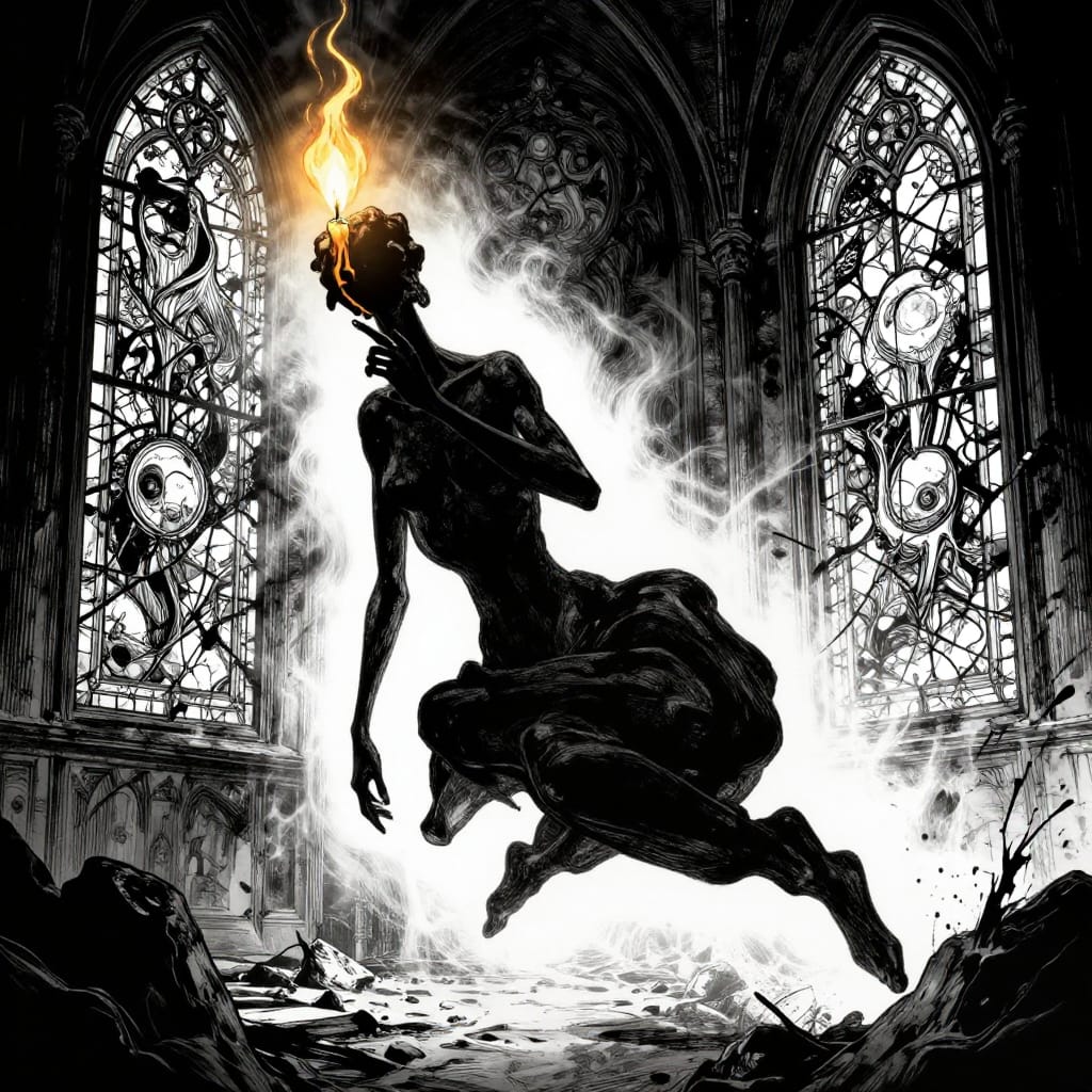 A graphic novel splash page shows a stretched, curled figure with a candle flame head. The figure floats between shattered stained glass windows showing surreal visions. Dark blacks and white light contrast sharply, evoking isolation and unease.