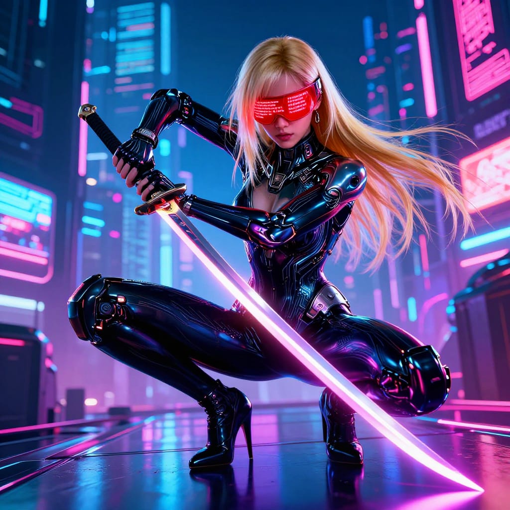 A cyberpunk woman crouches in a neon city, her blonde hair flowing as she grips a glowing katana. She wears a sleek black suit with glowing circuit patterns and a red visor showing bold text. The background blurs vibrant signs under dramatic lighting, creating a tense, stylish scene.