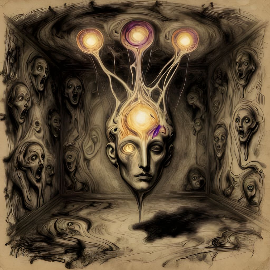 Surreal charcoal drawing on aged paper shows a melting head with glowing orbs connected by threads. Floating face down, limbs drift into void. Background features screaming faces and dramatic lighting, creating a dreamlike yet unsettling scene.