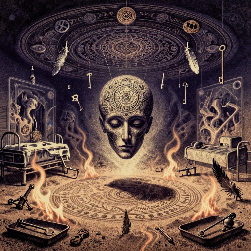 A surreal horror scene in halftone dots and vintage print. A floating head hangs over a hospital theater, surrounded by keys, feathers, and coins. Portals show twisted landscapes. Firelight casts moving shadows. Rusted tools add texture. Muted colors and deep shadows create eerie, ancient tension.