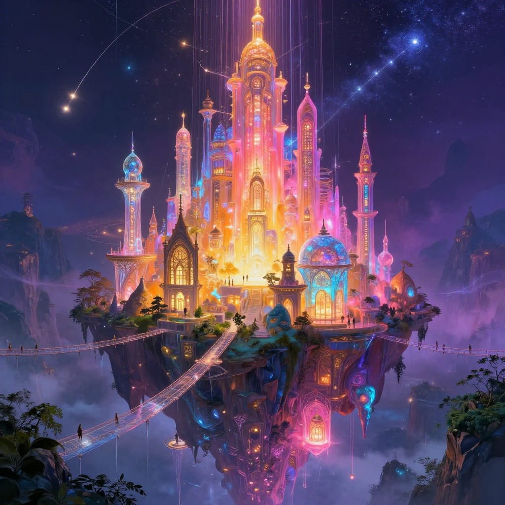 A glowing city floats above cliffside ledges. Its towers emit cascading pinks, blues, golds, and purples. Translucent bridges connect tiered platforms where people walk. Above, stars and constellations float. The scene feels magical and immersive.