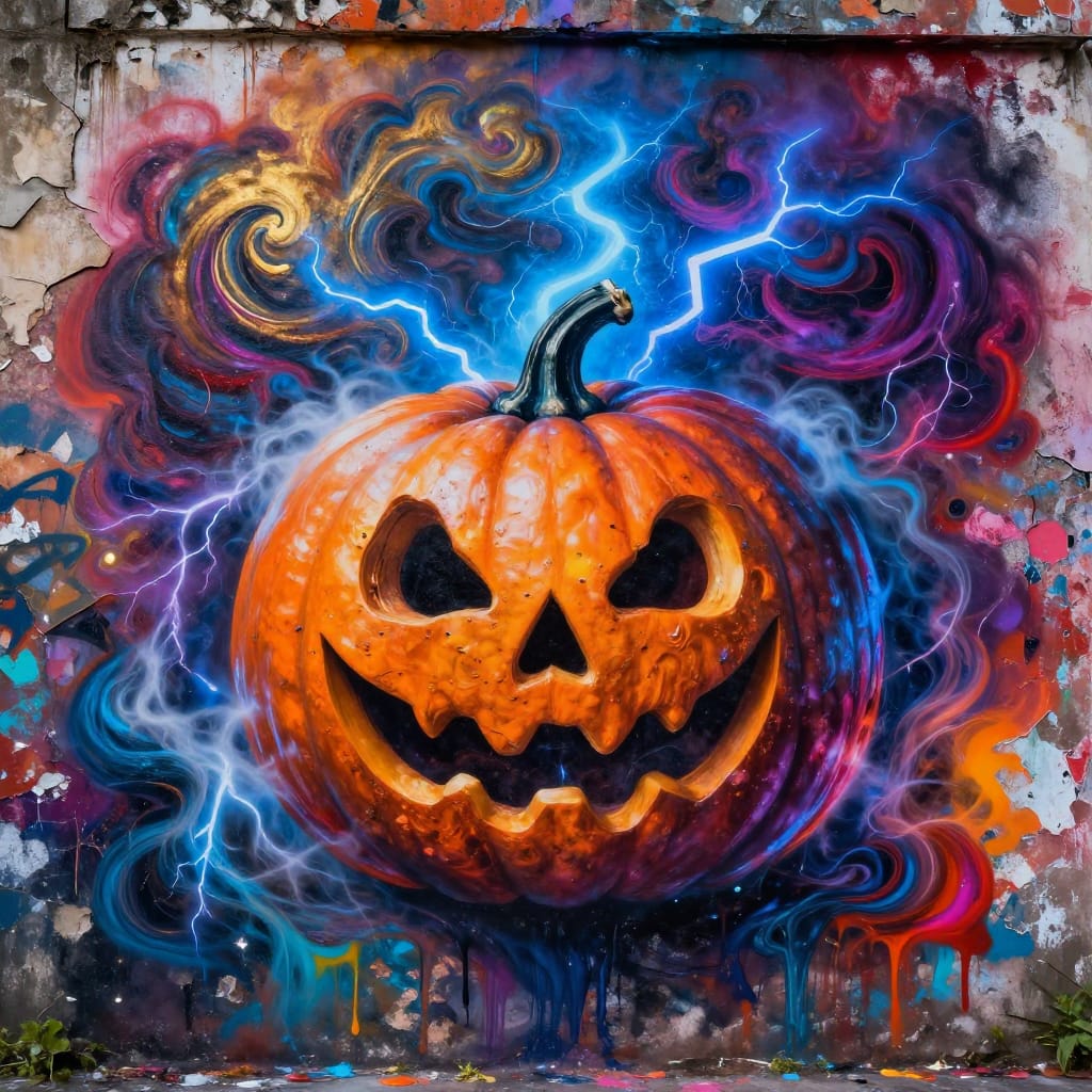 A graffiti mural on a cracked wall shows a hollow pumpkin holding a storm. Electric lightning and swirling clouds clash with fiery oranges and metallic blues. Thick paint drips add texture, creating a dreamy, surreal scene with glowing colors and deep shadows.