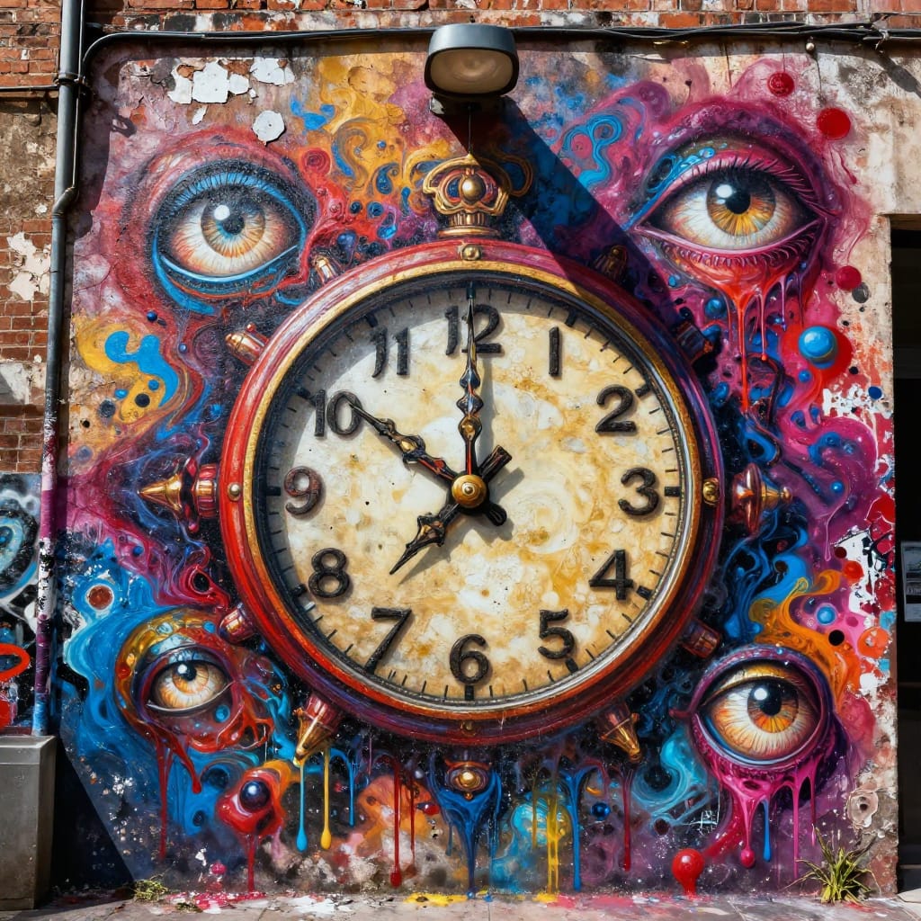 A graffiti mural on a brick wall shows a clock made of glowing eyes. Spray paint drips form the scene, with time flowing in different directions. Floating and melting clocks blend into vibrant, surreal colors. Bright light highlights the textured, dreamlike artwork.