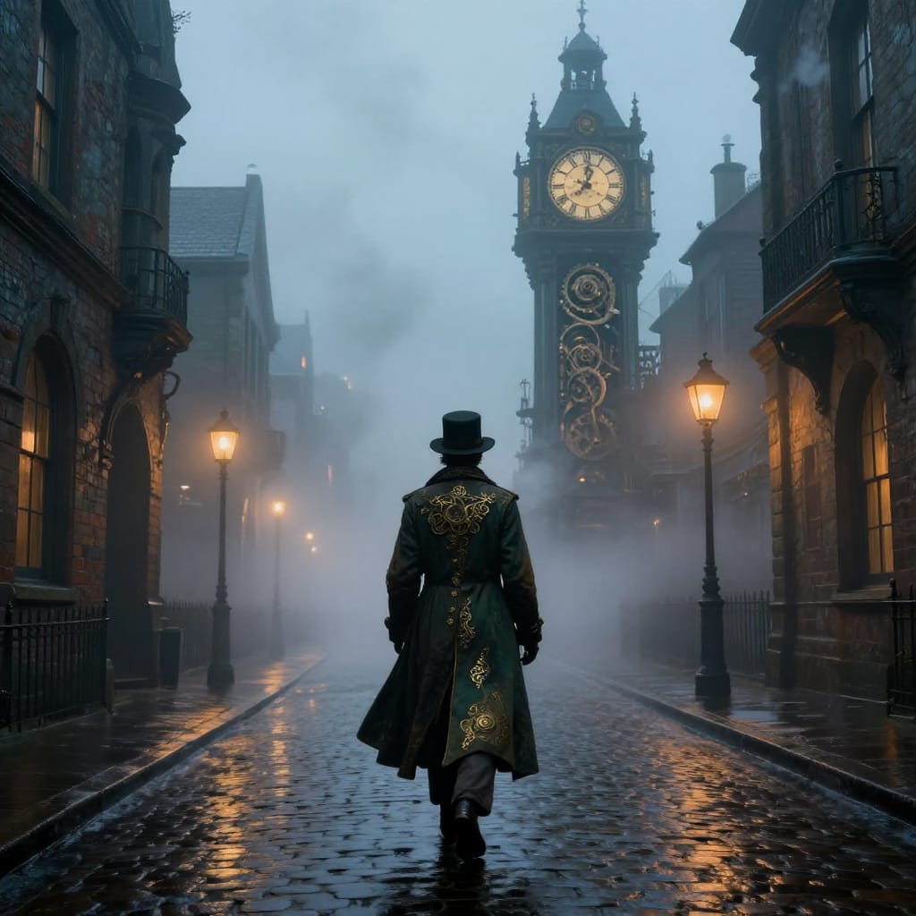 A lone figure in a long coat and top hat walks down a wet cobblestone street. Fog clings to the pavement, reflecting warm lantern light. A towering clock tower emits smoke, blending steampunk details with historic architecture. Cool tones contrast with amber glows, creating a mysterious, nostalgic atmosphere.