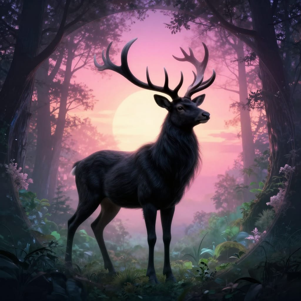A black deer with spiral antlers stands in a circular forest under a colorful sunset. Flowing fur blends into trees, glowing with soft pink and purple light. The scene feels dreamy and magical, merging reality with fantasy.