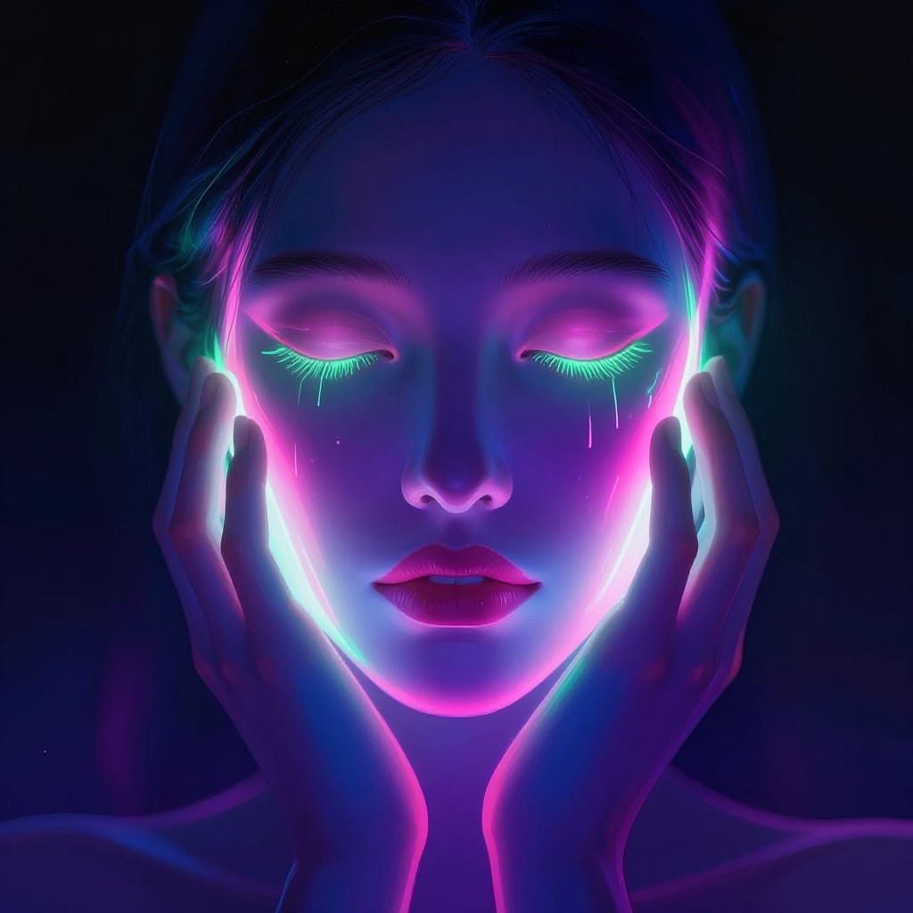 A person with closed eyes holds their face with raised hands. Bright neon pink and green lights glow along their cheeks and jawline against a dark background. The smooth skin shows soft highlights, creating a radiant halo. The image feels futuristic and quiet.