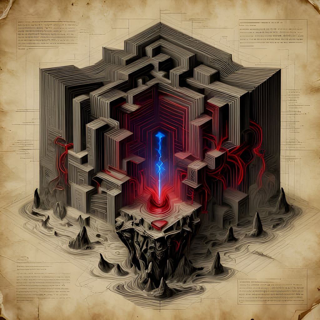 A detailed blueprint on aged parchment shows Escher-style geometry with bioluminescent blood pulsing through the design. A towering cliff rises at high tide, hiding something large below. Scale shifts from small to vast, creating dread and eerie beauty.
