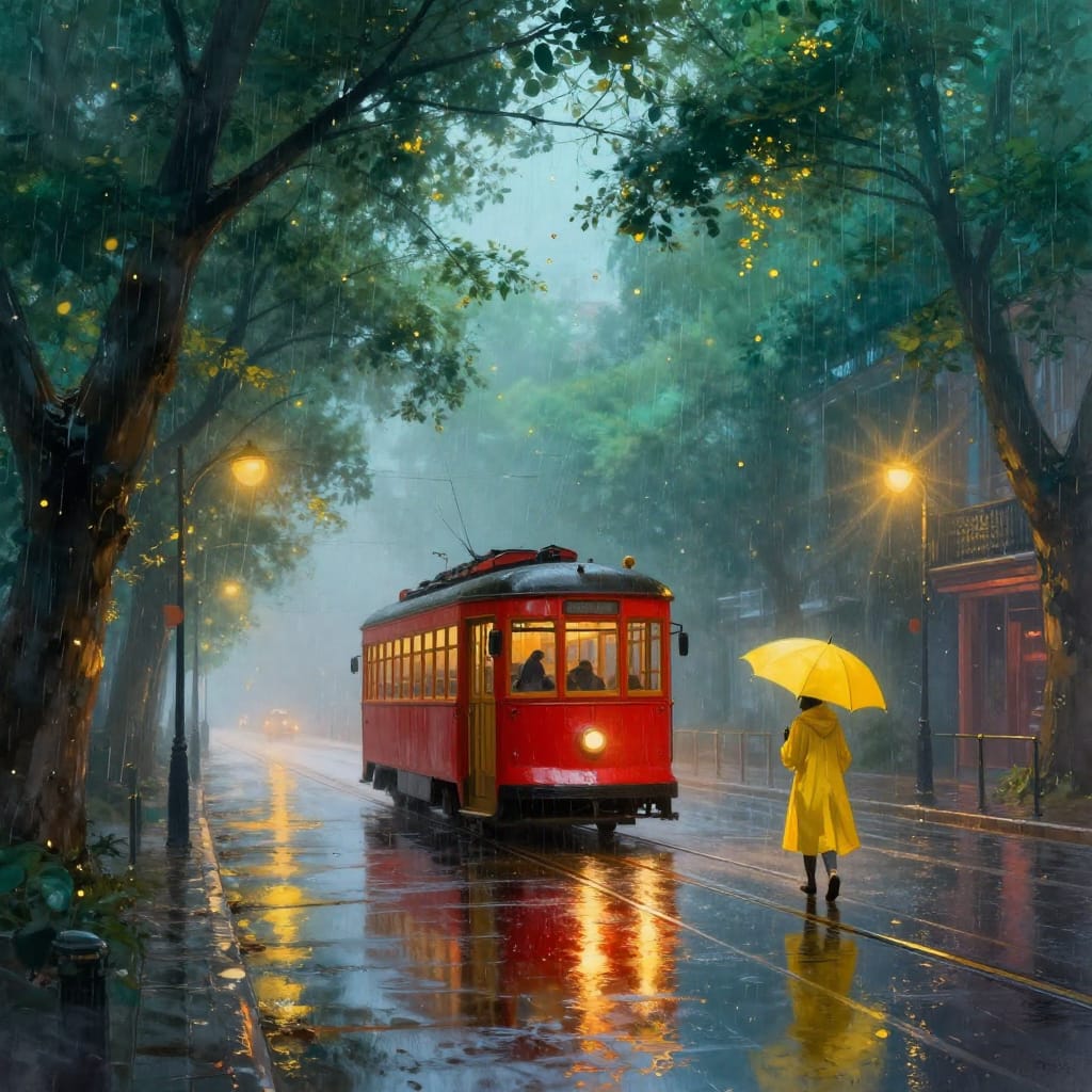 A calm city street at night with a red tram, golden rain, trees, and warm lights against cool sky.