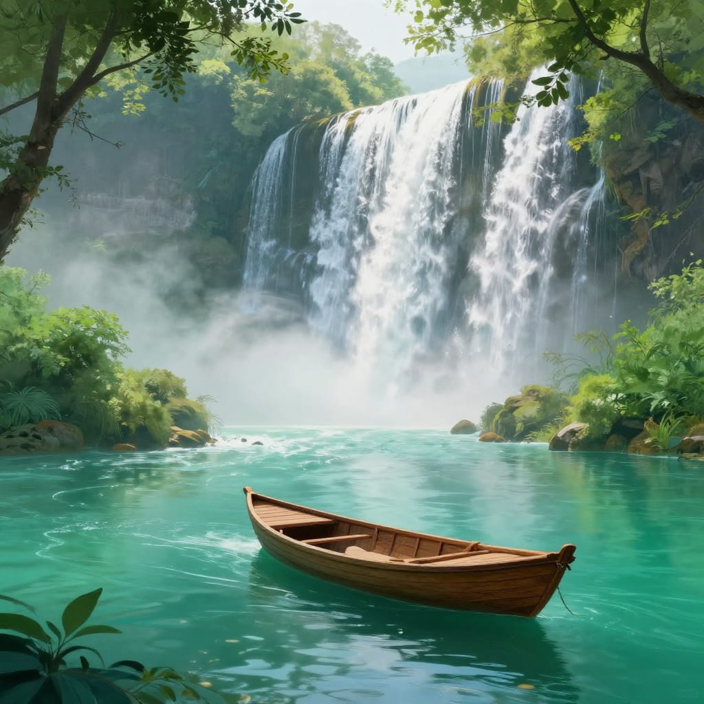 A calm digital art scene shows a boat on a turquoise river near a waterfall. Green trees frame the view, with soft light highlighting mist and water. Realistic textures and cool colors create a peaceful, immersive feel.