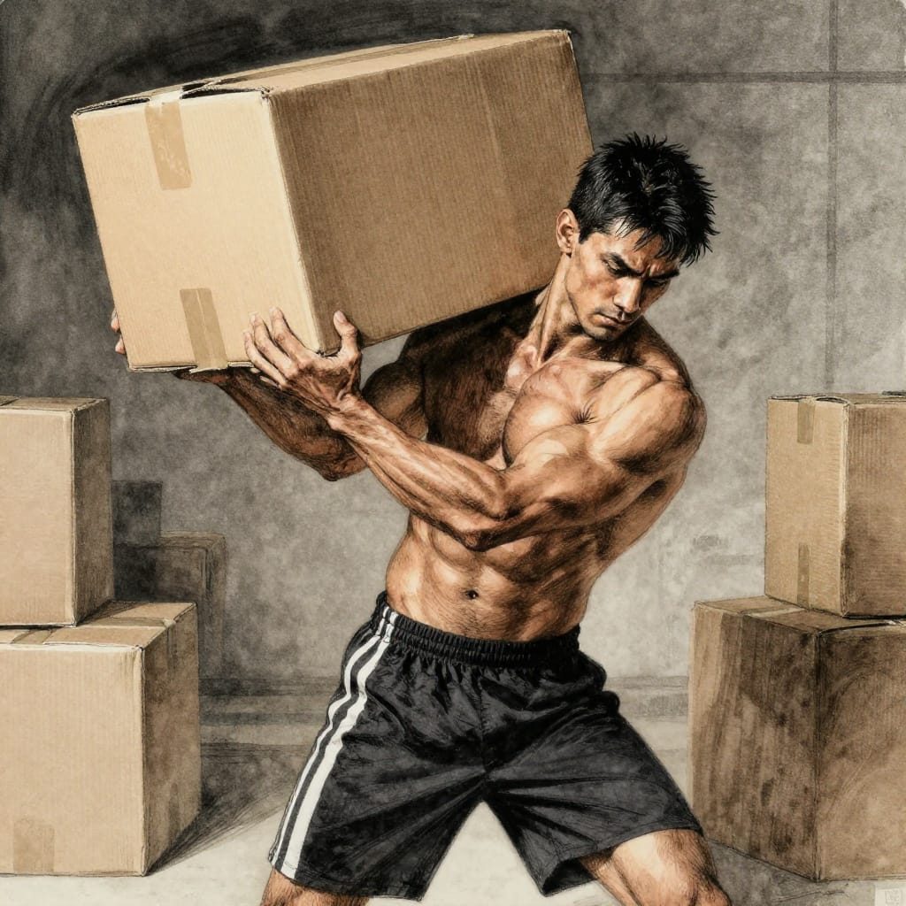 A shirtless guy in dark shorts lifts a heavy box in a warehouse. Stacked boxes around him. Dim light shines on his focused lift. Ink and watercolor textures show muscle and cardboard details. Neutral tones emphasize grounded strength. Intense, determined moment.