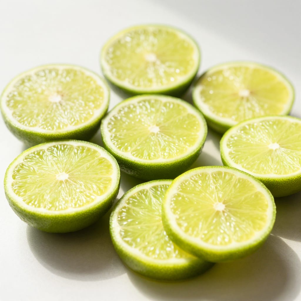 Close-up of green limes, half-slices showing segmented insides on a light countertop. Bright natural light casts soft shadows. Yellow-green flesh and pale rind glisten. Balanced composition with radial segments guiding the eye. Neutral background adds freshness, evoking a tropical feel.