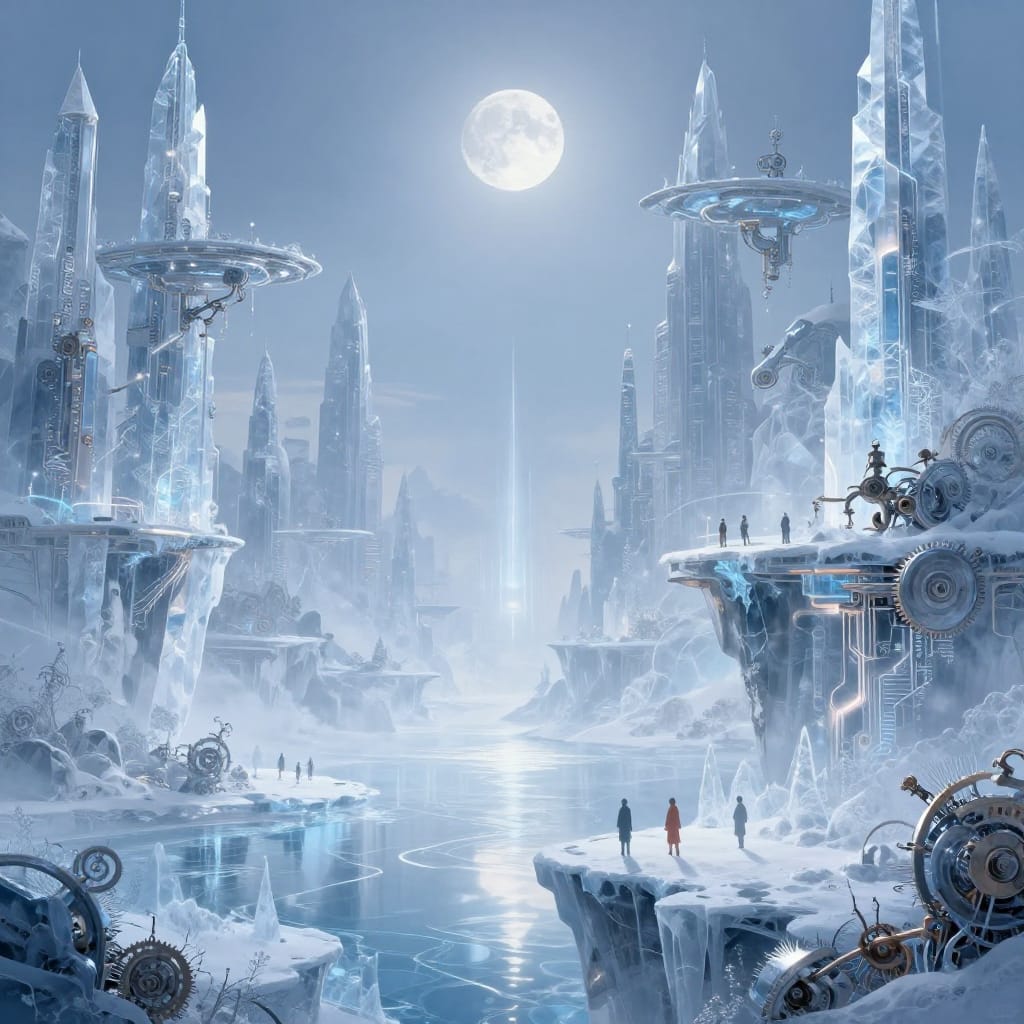 A futuristic ice city rises on a snow-covered cliff, with floating platforms held by mechanical arms and glowing energy conduits. Icy water mirrors the sky, while human figures stand quietly in the foreground. A single moon casts a pale glow, enhancing the cool, ethereal atmosphere of this serene alien world.