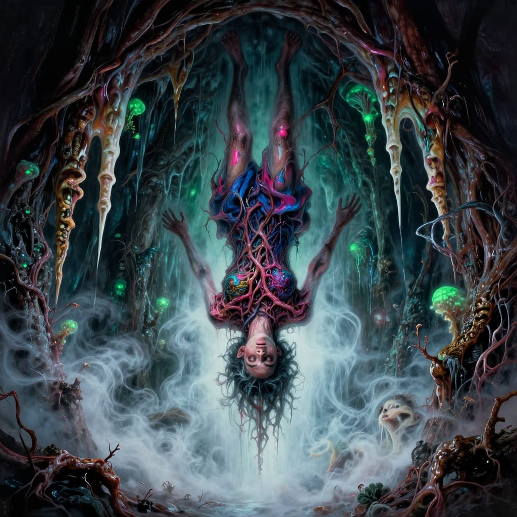 An upside-down figure hangs from a gnarled tree, roots piercing its chest like veins. A cavern's stalactites double as organ pipes. Fog parts to reveal the figure's face, bioluminescent fungi cast green light. Glaze and airbrush create depth, neon accents pop. Eerie, surreal horror vibe with 80s practical effects.