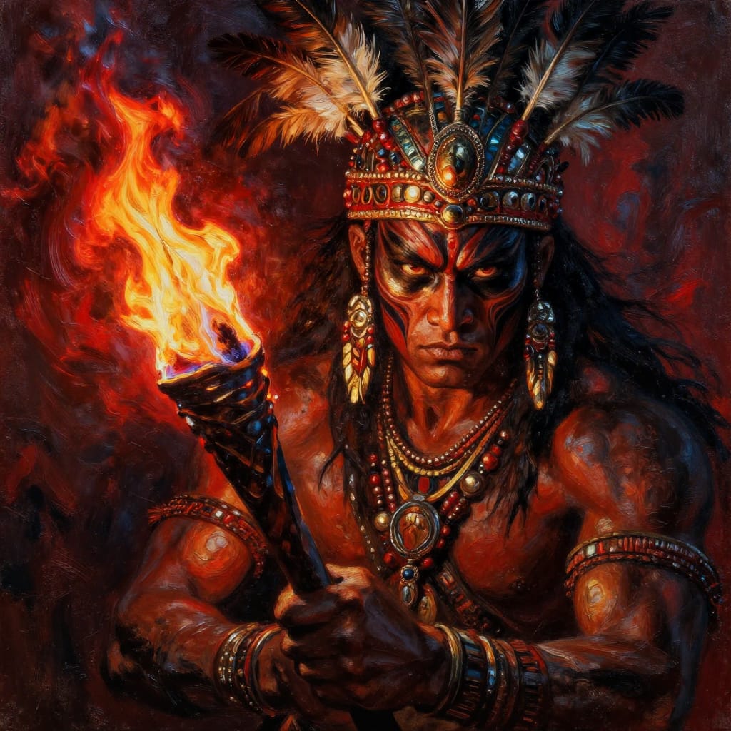 A warrior in a battle stance, detailed makeup, feathered headdress, and a blazing torch. Strong lighting highlights textures and intensity. Focused on strength and determination.