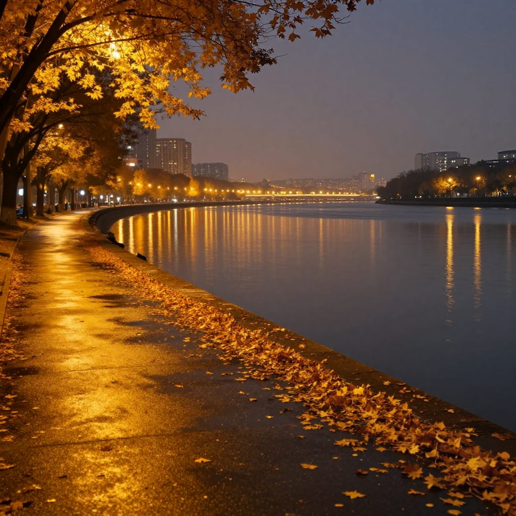 Nighttime autumn scene along a waterfront promenade. Reflective path glints under lights. Golden leaves line the way. Tall buildings glow across the river. Water mirrors the lights. Soft shadows and calm atmosphere. Warm and cool colors blend. Quiet, peaceful scene.