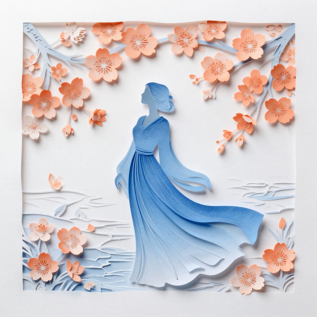 A paper-cutting artwork shows a woman in a blue dress surrounded by cherry blossoms. Soft lines and flowing fabric create a calm, elegant scene. Textured water and warm orange petals add detail. Cool blues and soft whites contrast with warm tones, evoking tranquility.
