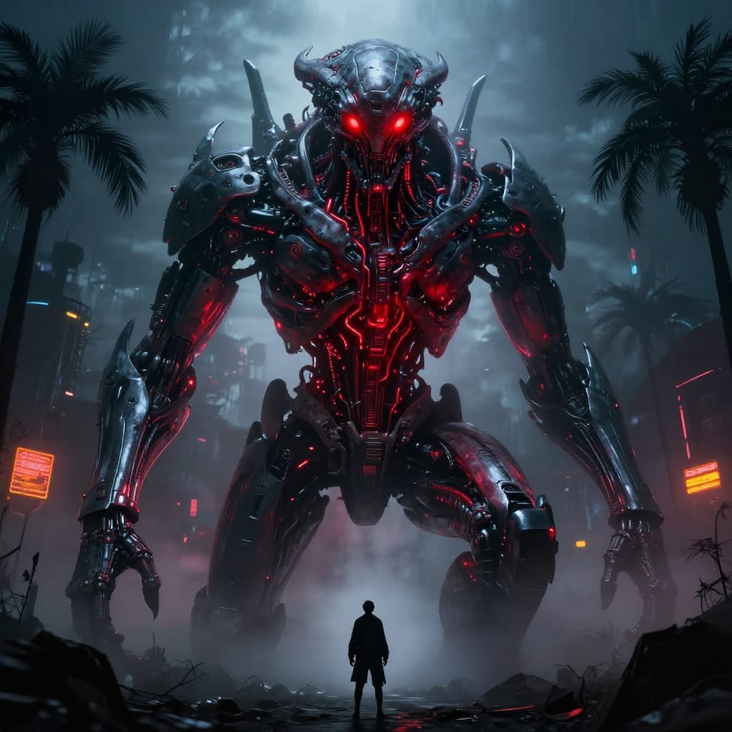 A towering biomechanical creature with glowing red eyes and metal limbs stands in a fog-drenched wasteland. A small human figure stands below it, dwarfed by its massive form. Neon signs and a dark sky create an eerie, dystopian atmosphere.