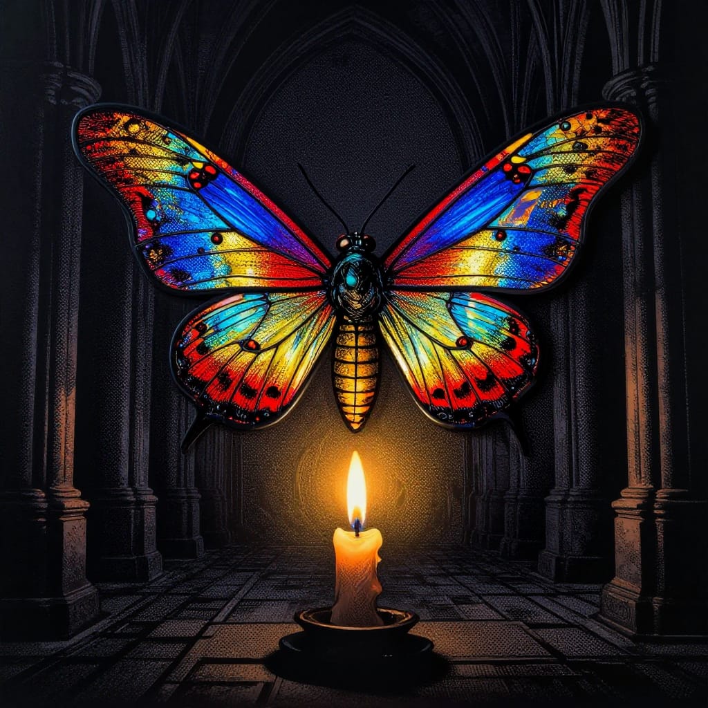 A moth with stained glass wings flies toward a candle in a dark cathedral. Its wings glow in bright red, blue, gold, and black. Bold black lines and dot patterns mimic printed art. High-res digital print on matte canvas. Warm candlelight highlights the wings, deepening shadows. Dreamy, surreal mix of pop art and fantasy.
