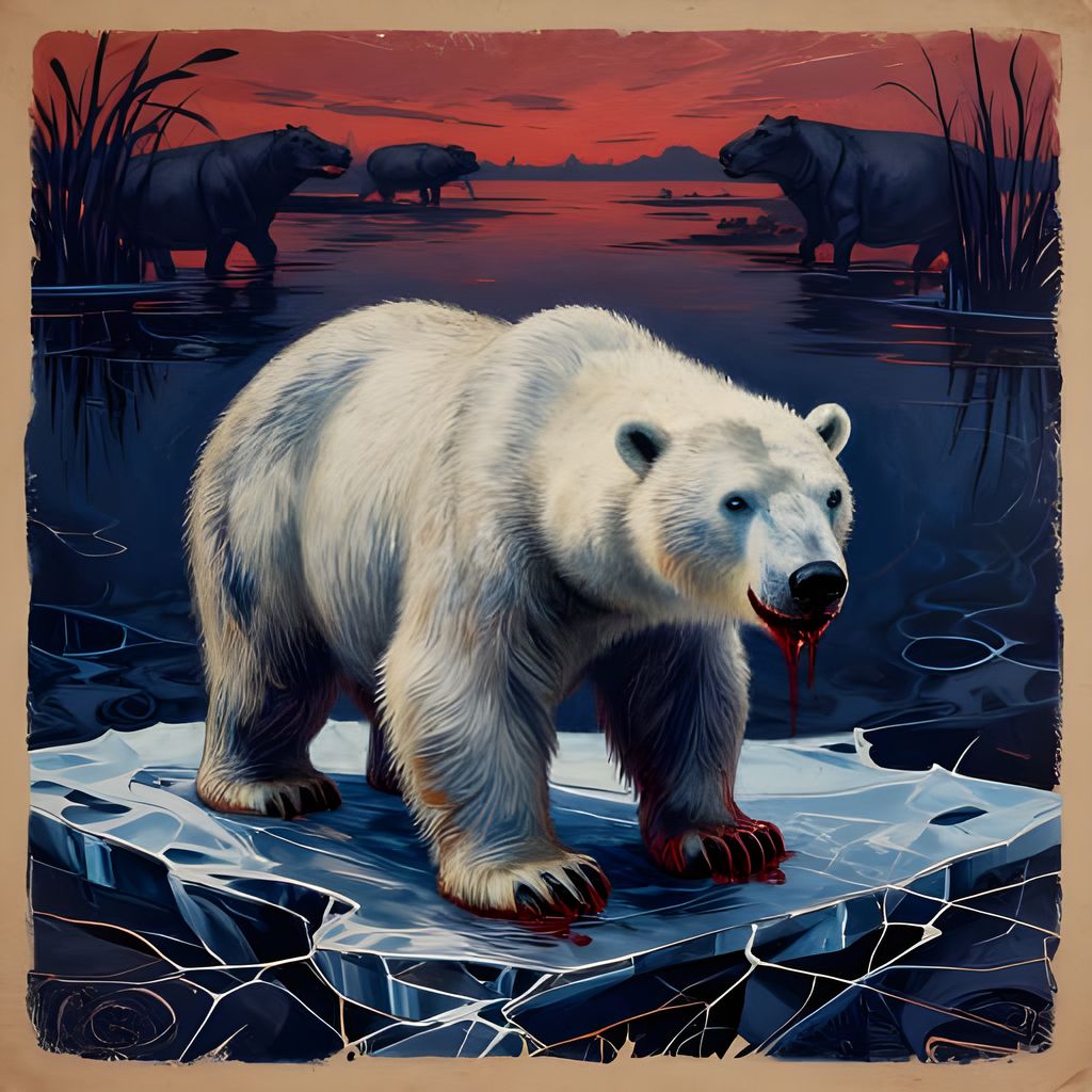 A polar bear with blood-stained fur stands on shattered ice in the Okavango Delta, muscles taut and eyes blue. Underwater light fractures through water, while hippos breach behind papyrus islands under twilight. Bold lines and limited colors of deep indigo, blood red, and ochre create dramatic contrast, evoking raw emotion and primal beauty.