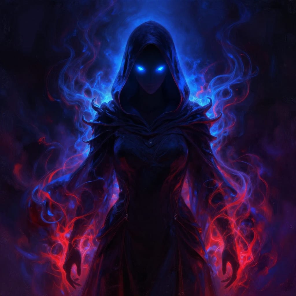 A hooded figure stands in a dark digital space, glowing blue eyes piercing the shadows. Swirling blue and red energy surrounds them, blending with deep purples and blacks. The smooth, painterly style creates a mysterious, powerful vibe.