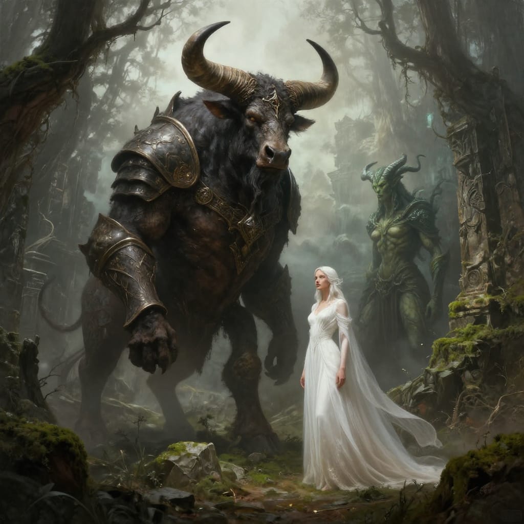 A misty forest scene features a muscular bull-headed minotaur on the left, a graceful human woman in white on the right, and a green-skinned humanoid between them. Ancient ruins, gnarled trees, and soft fog create depth under diffused lighting. The rich earth tones and flowing textures highlight the quiet tension of this fantasy moment.