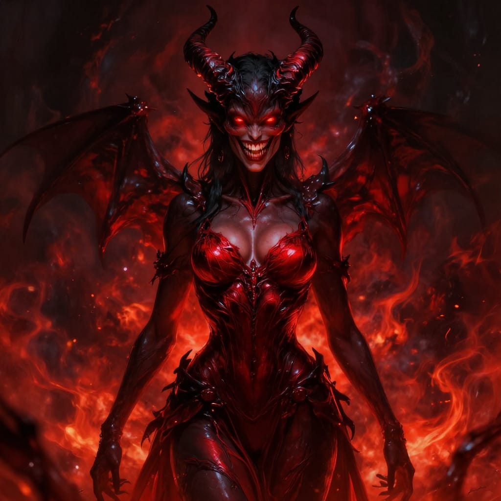 Demonic woman with glowing red eyes and a big grin. Wears red and black clothes with detailed textures. Surrounded by fiery chaos and dark shadows. Dramatic highlights and glossy reflections. Ominous and intense, with rich details and strong contrast.