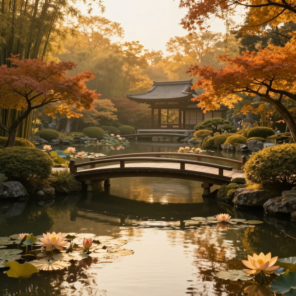 A calm Japanese garden has golden sunlight, a wooden bridge over a still pond with lotus flowers. Maple trees and bamboo frame the scene, with a shoji gate and pagoda in soft haze. The light makes everything glow warmly, creating a peaceful, timeless feel.