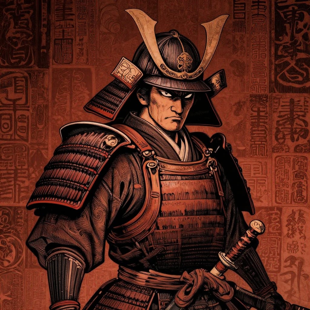 Samurai in armor, fierce expression, detailed helmet with horns. Sword wrapped in cloth. Background has Japanese symbols. Style mixes digital and ink, woodblock-inspired. Dark tones, dramatic lighting. Intense gaze shows battle readiness.