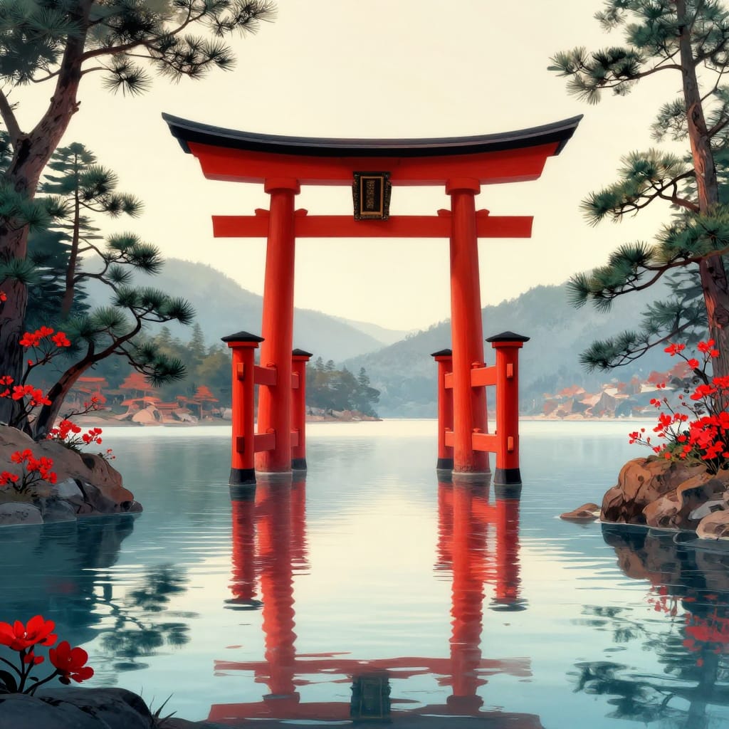 A large red torii gate floats over calm water, its reflections mirroring pine trees and red flowers on rocky shores. Distant mountains and a clear sky frame the scene under soft light. The blend of modern digital art and traditional ukiyo-e creates a peaceful, mystical atmosphere.