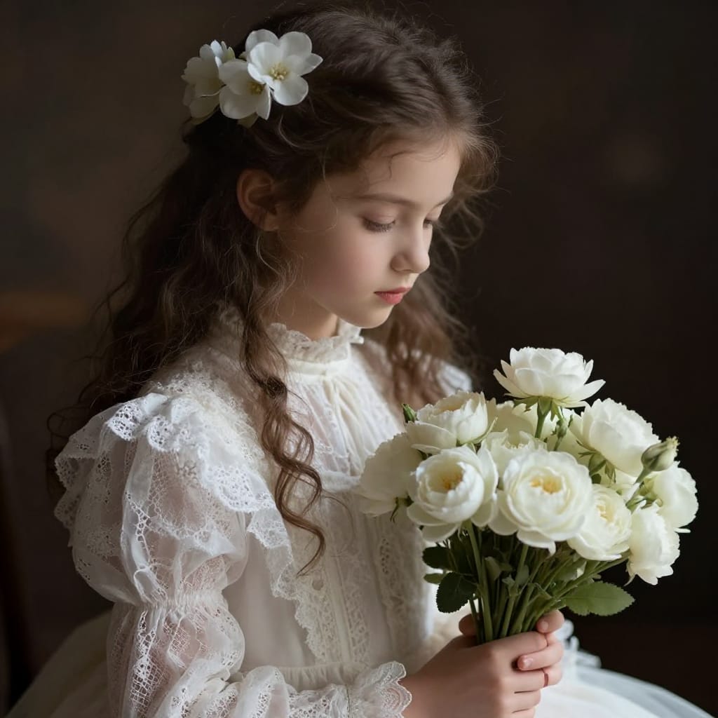 A young girl in Victorian attire holds white flowers, her curls adorned with blooms. Soft light highlights her details against a dark background. The focus is on her face and bouquet, creating a calm, nostalgic indoor scene.