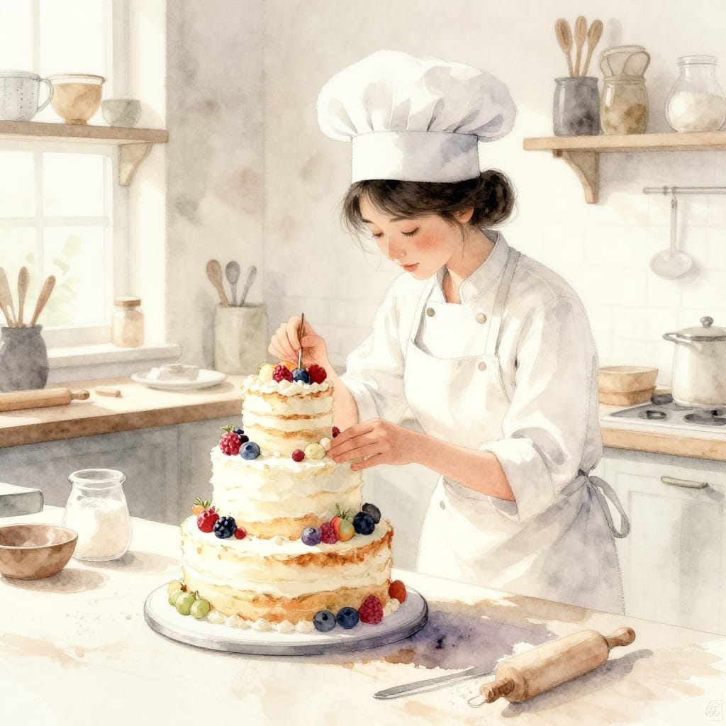 A woman in a chef’s hat decorates a multi-tiered cake on a warm kitchen table. Natural light highlights her focused work, with baking tools on shelves nearby. Soft watercolor tones and gentle shadows create a calm, cozy atmosphere.