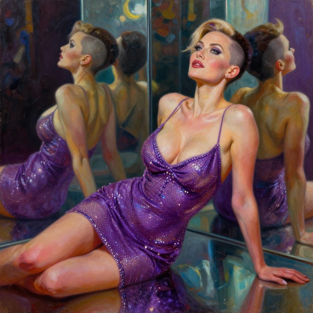 A 25-year-old Canadian woman in a funhouse mirror room wears a purple rhinestone mesh dress. Her athletic build and playful gaze are highlighted by vibrant colors and dynamic reflections. Thick brushstrokes and rich hues create a sensual, dreamy vibe.