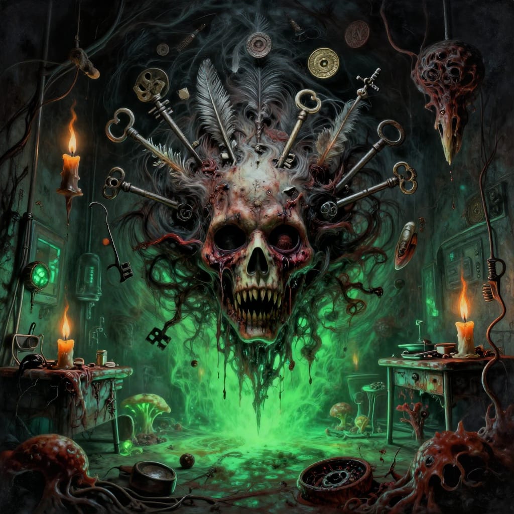 A floating head hangs in a twisted hospital room, surrounded by glowing objects and black flames. Textures and sickly greens create eerie dread.