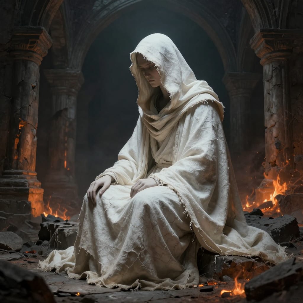 A hooded figure sits in a crumbling temple, wearing a tattered white cloth. Warm flames cast light on debris and stone. Dim, cool tones contrast with orange embers. Dark fantasy style adds mystery and quiet foreboding.