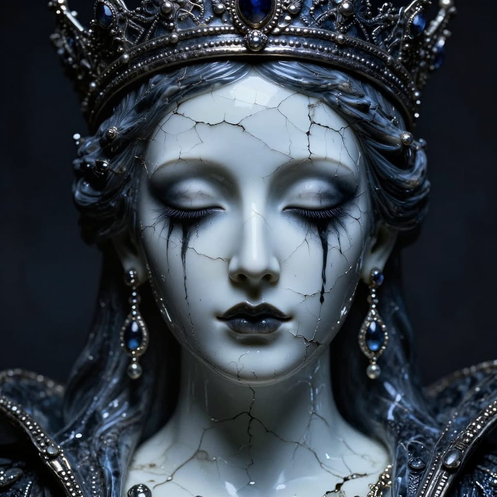 A regal queen with cracked porcelain face and dark crown, rendered in gothic, surreal style. Close-up center, crown above, earrings below. Dramatic side lighting highlights cracks, creating deep shadows and metallic glimmers. Monochrome blue-gray tones evoke sorrowful, decaying beauty.